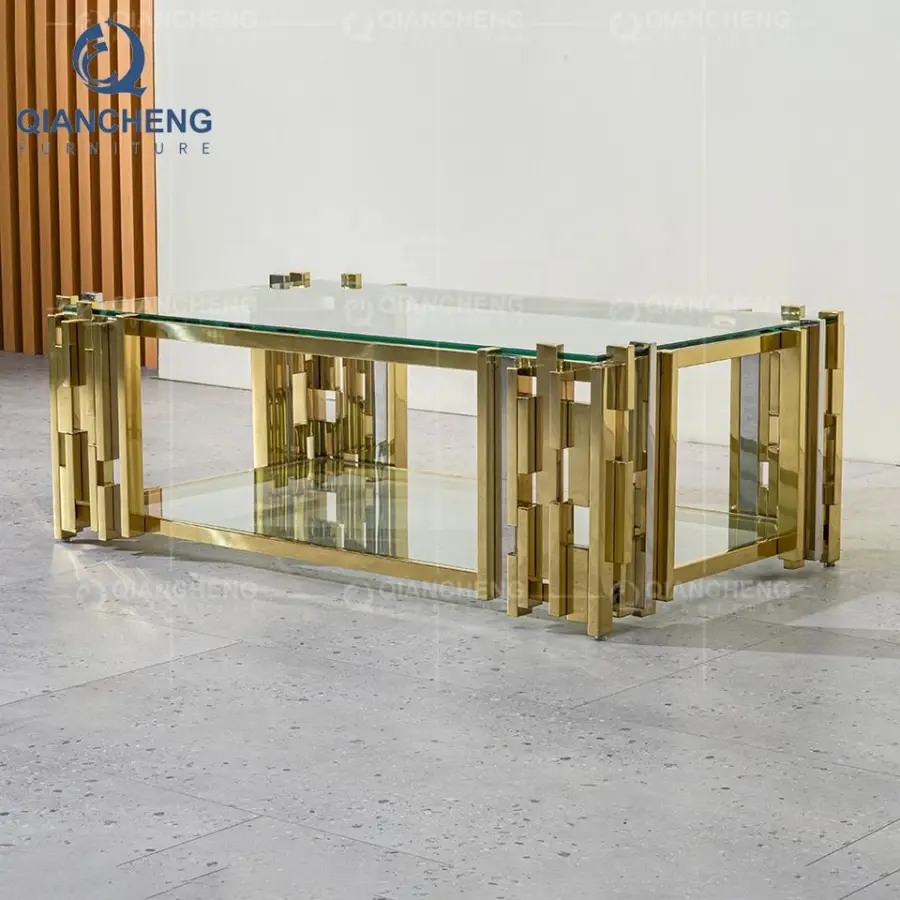 QIANCHENG Furniture Supplier Luxury Home Furniture Fiberglass Mirror Side Center Tables Golden Modern Glass Coffee Table — view 3
