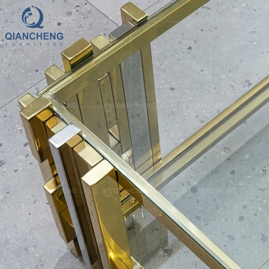 QIANCHENG Furniture Supplier Luxury Home Furniture Fiberglass Mirror Side Center Tables Golden Modern Glass Coffee Table — view 4