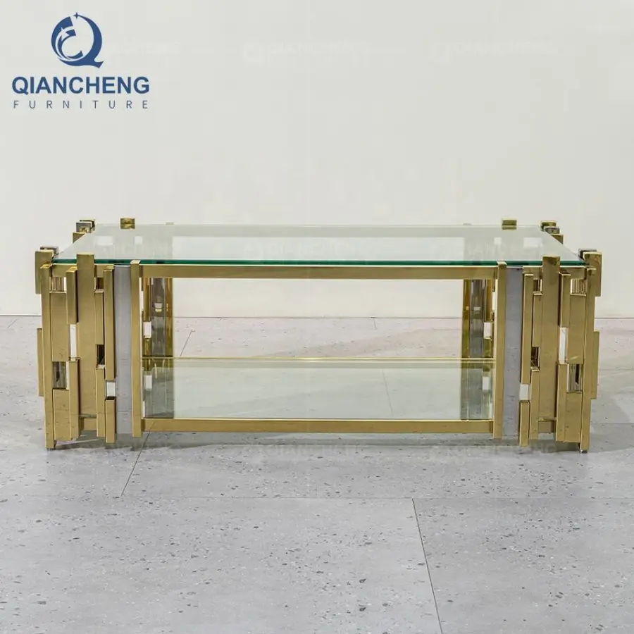 QIANCHENG Furniture Supplier Luxury Home Furniture Fiberglass Mirror Side Center Tables Golden Modern Glass Coffee Table — view 5