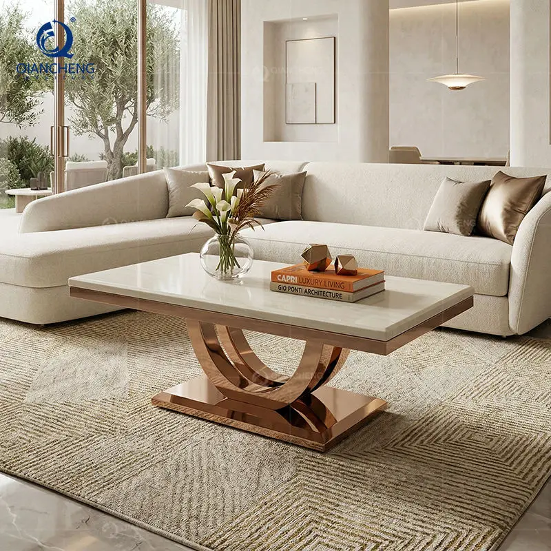 QIANCHENG Stainless Steel Living Room Italian Furniture Tea Accent Table Rectangle Modern Gold Marble Coffee Tables — view 1