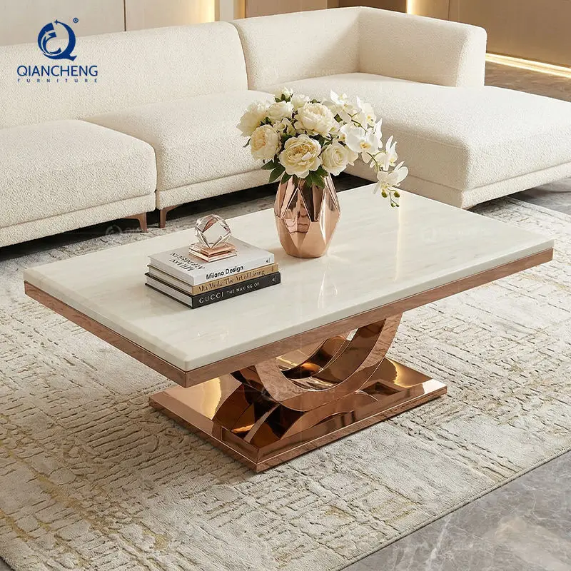 QIANCHENG Stainless Steel Living Room Italian Furniture Tea Accent Table Rectangle Modern Gold Marble Coffee Tables — image 3