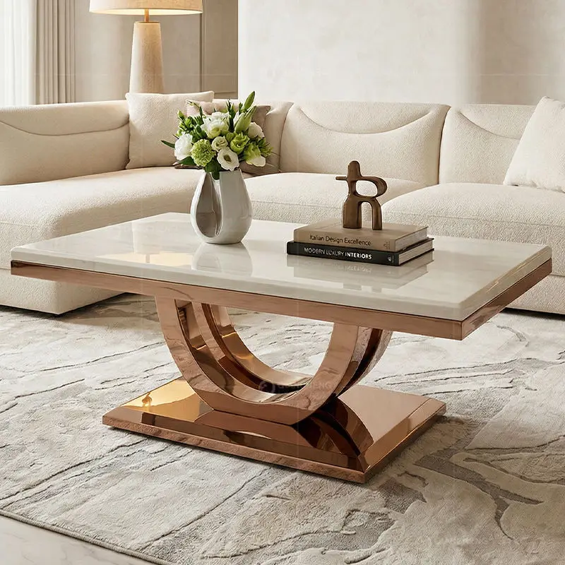 QIANCHENG Stainless Steel Living Room Italian Furniture Tea Accent Table Rectangle Modern Gold Marble Coffee Tables — image 4