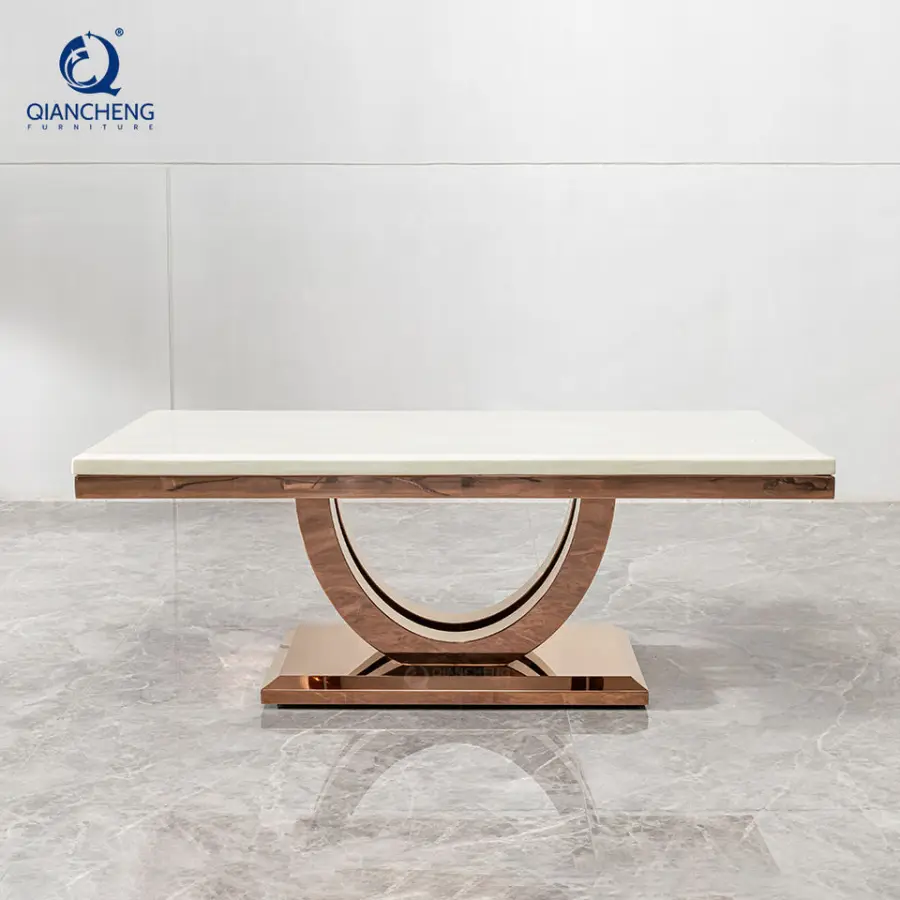 QIANCHENG Stainless Steel Living Room Italian Furniture Tea Accent Table Rectangle Modern Gold Marble Coffee Tables — image 5