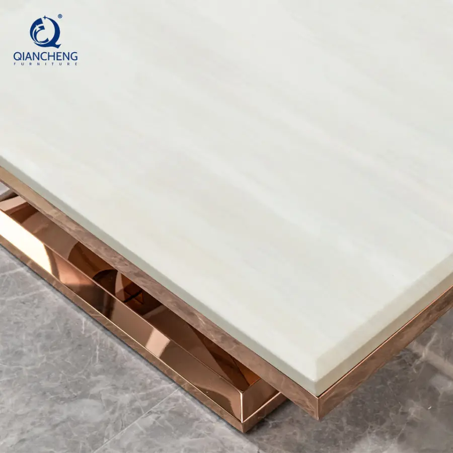 QIANCHENG Stainless Steel Living Room Italian Furniture Tea Accent Table Rectangle Modern Gold Marble Coffee Tables — image 6