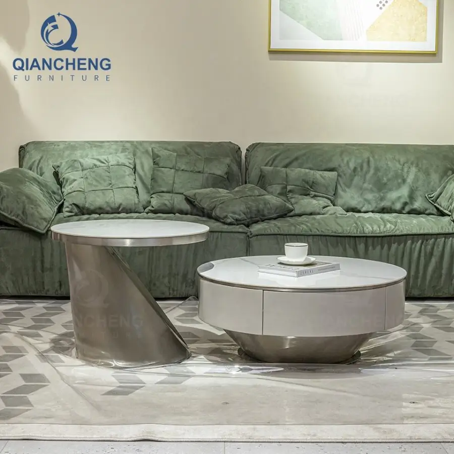 QIANCHENG Stylish Furniture Design Ethiopian Brass Stainless Steel Side Mirror Center Accent Coffee Table Set of 2 — view 1