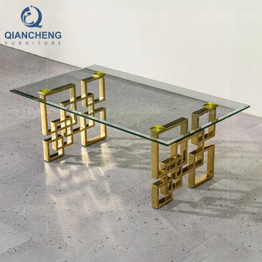 QIANCHENG Luxury Home Furniture Foshan Supplier Turkish Style Golden Glass Tables Modern Nesting Coffee Table — image 3