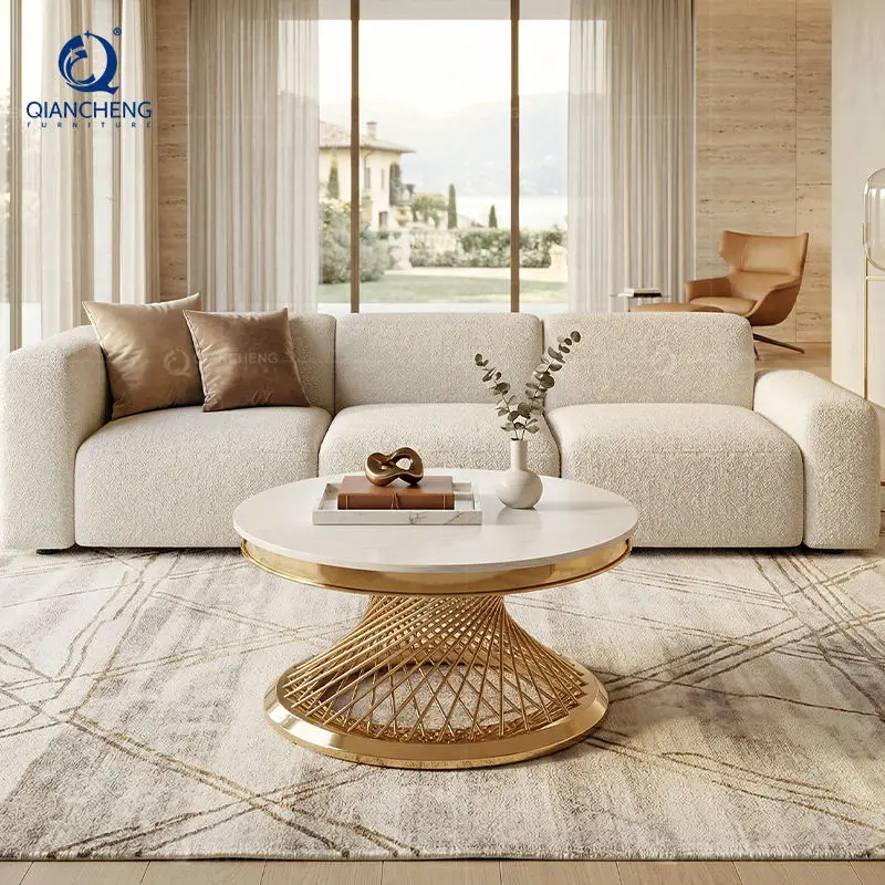 16 Years Custom Experience Ss Furniture Golden Round Brown Stone White Marble Coffee Table — image 4