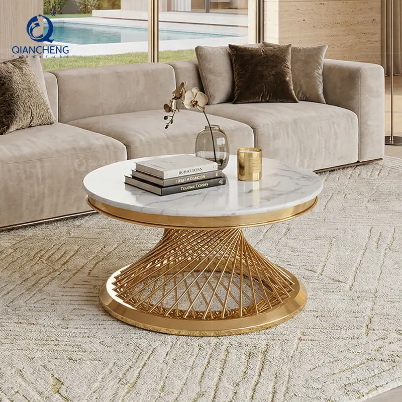 16 Years Custom Experience Ss Furniture Golden Round Brown Stone White Marble Coffee Table — image 5