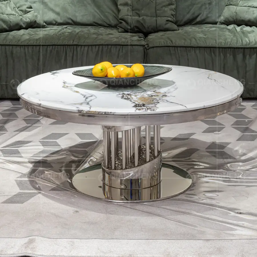 Foshan Factory Living Room Furniture OEM Sliver/Gold Metal Marble Coffee Tables Round Luxury Tables — view 1