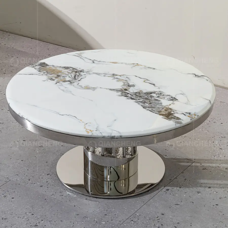 Foshan Factory Living Room Furniture OEM Sliver/Gold Metal Marble Coffee Tables Round Luxury Tables — view 3