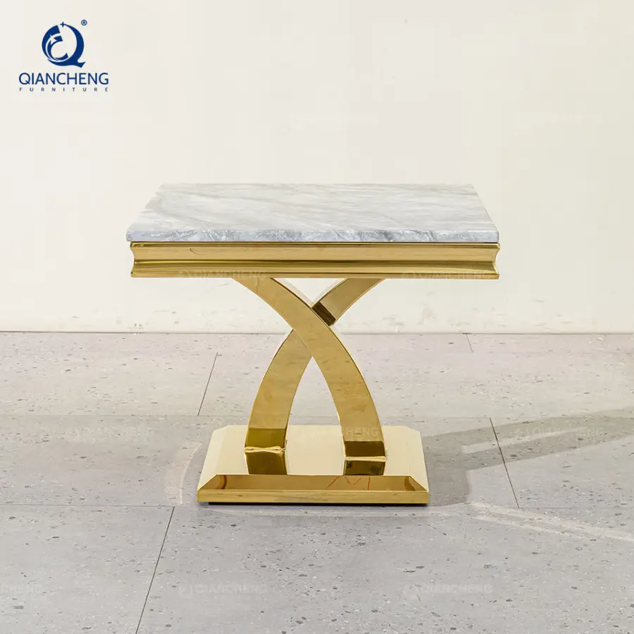 Wholesale Factory Price square Shape Stainless Steel Artifical Marble Luxury Gold Mirror Couch Side Table — view 1