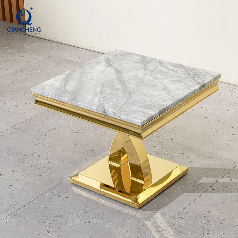 Wholesale Factory Price square Shape Stainless Steel Artifical Marble Luxury Gold Mirror Couch Side Table — image 3