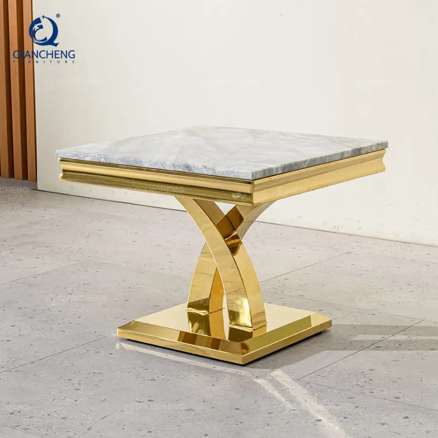 Wholesale Factory Price square Shape Stainless Steel Artifical Marble Luxury Gold Mirror Couch Side Table — image 4