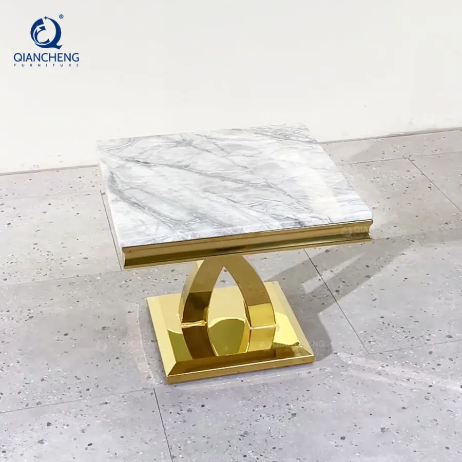 Wholesale Factory Price square Shape Stainless Steel Artifical Marble Luxury Gold Mirror Couch Side Table — image 5