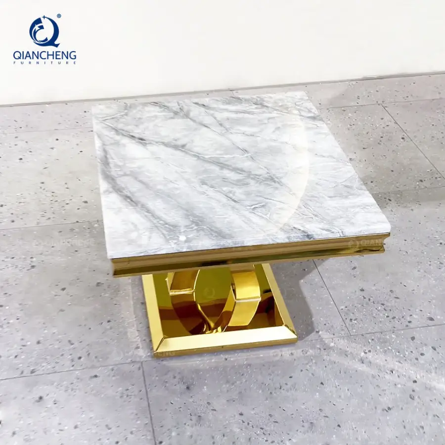 Wholesale Factory Price square Shape Stainless Steel Artifical Marble Luxury Gold Mirror Couch Side Table — image 6