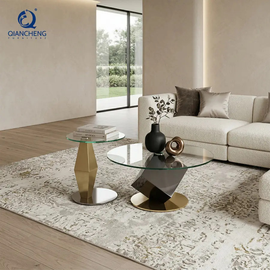 Living Room End Table Color Glass Base Metal Glass Central Coffee Table — view 1