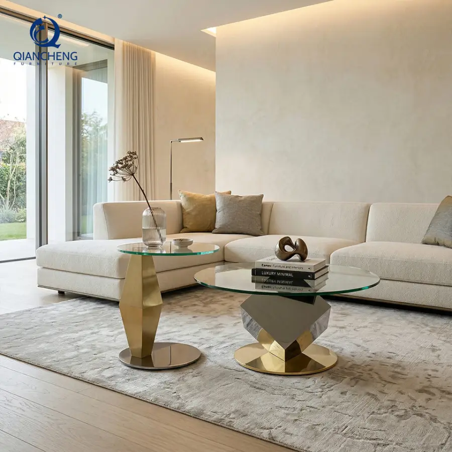 Living Room End Table Color Glass Base Metal Glass Central Coffee Table — image 3