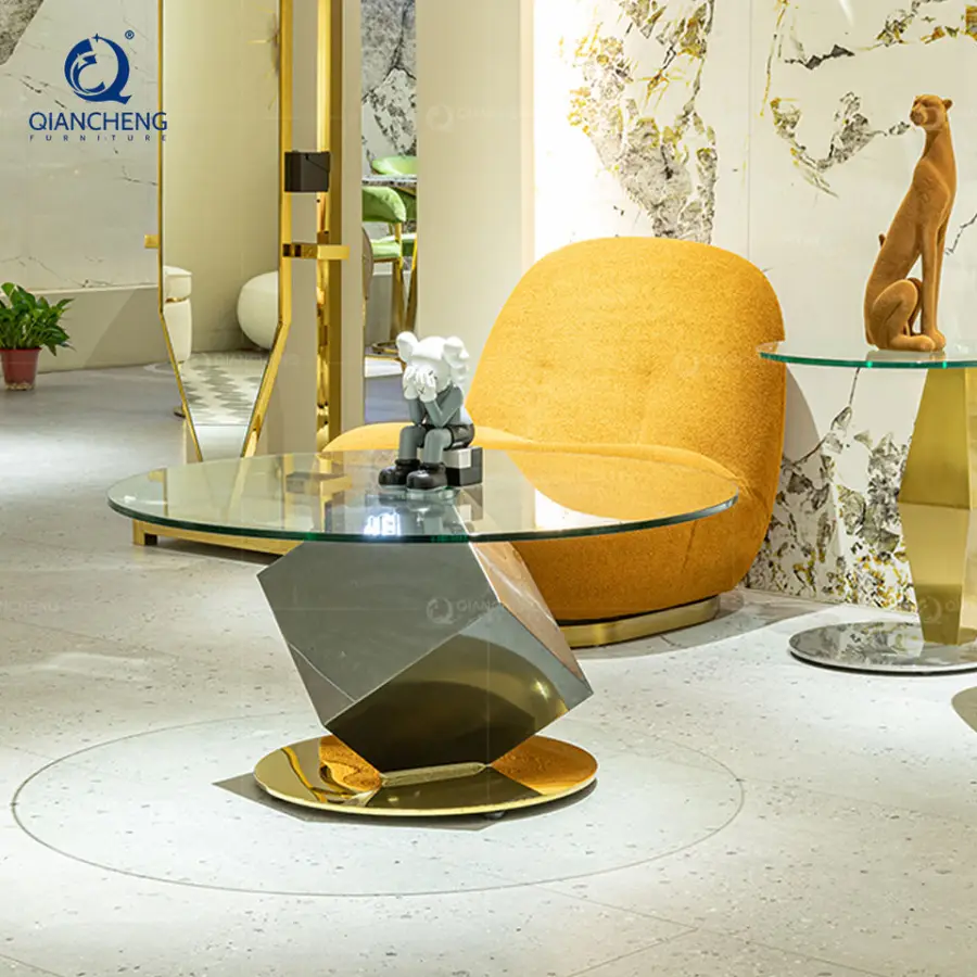 Living Room End Table Color Glass Base Metal Glass Central Coffee Table — image 5