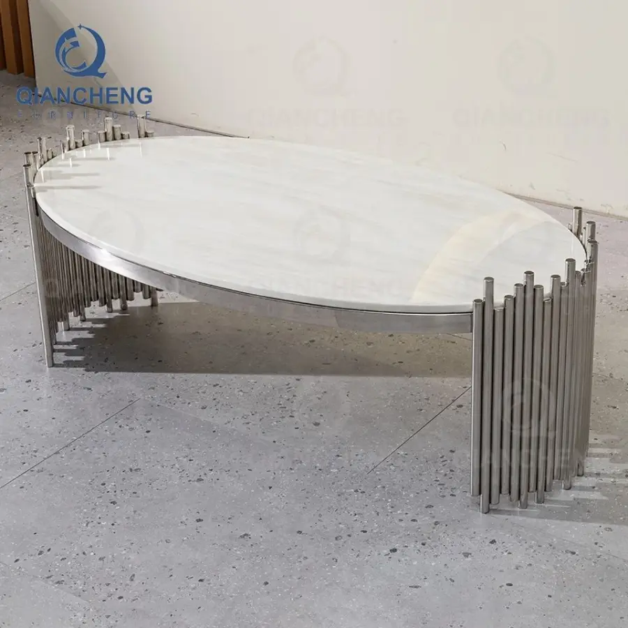 QIANCHENG Apartment Living Room Furniture Sofa Oval Metal Coffee Tables Oval High Gloss White Ceramic Accent Table — image 3