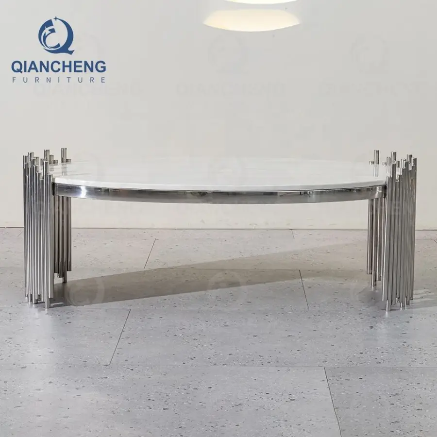 QIANCHENG Apartment Living Room Furniture Sofa Oval Metal Coffee Tables Oval High Gloss White Ceramic Accent Table — image 4