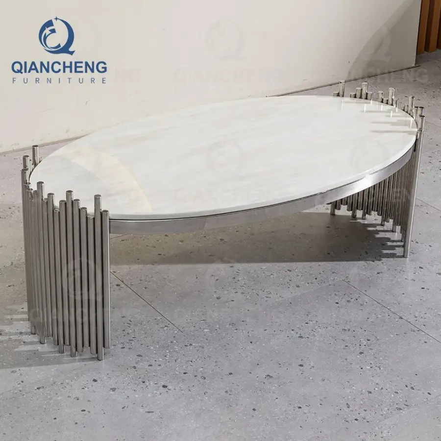 QIANCHENG Apartment Living Room Furniture Sofa Oval Metal Coffee Tables Oval High Gloss White Ceramic Accent Table — image 6