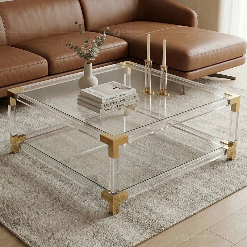 QIANCHENG Nordic Glass Modern Elegant Living Room Center Tables Transparent square Acrylic Lucite Coffee Table — view 1