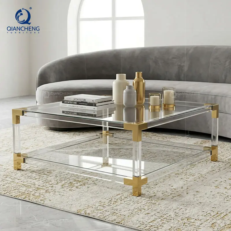 QIANCHENG Nordic Glass Modern Elegant Living Room Center Tables Transparent square Acrylic Lucite Coffee Table — image 3