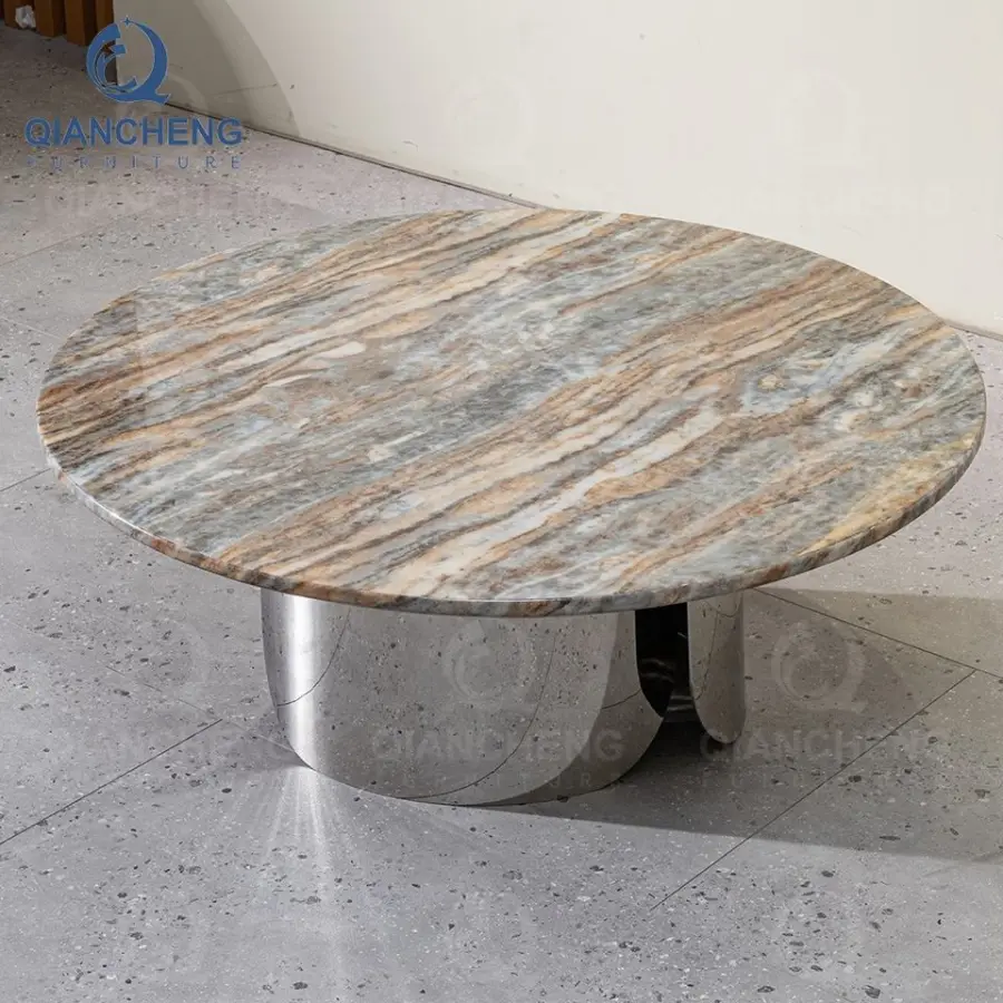 QIANCHENG Round Laser Coffee Tables Modern Black Stainless Steel Round Mirror Center Accent Table for Living Room — image 3