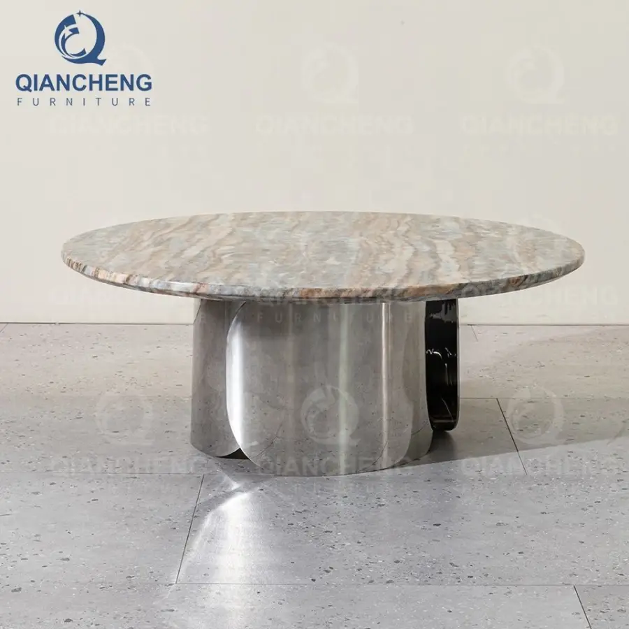 QIANCHENG Round Laser Coffee Tables Modern Black Stainless Steel Round Mirror Center Accent Table for Living Room — image 4