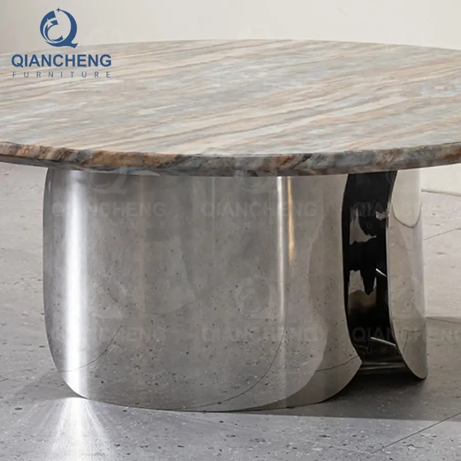 QIANCHENG Round Laser Coffee Tables Modern Black Stainless Steel Round Mirror Center Accent Table for Living Room — image 5
