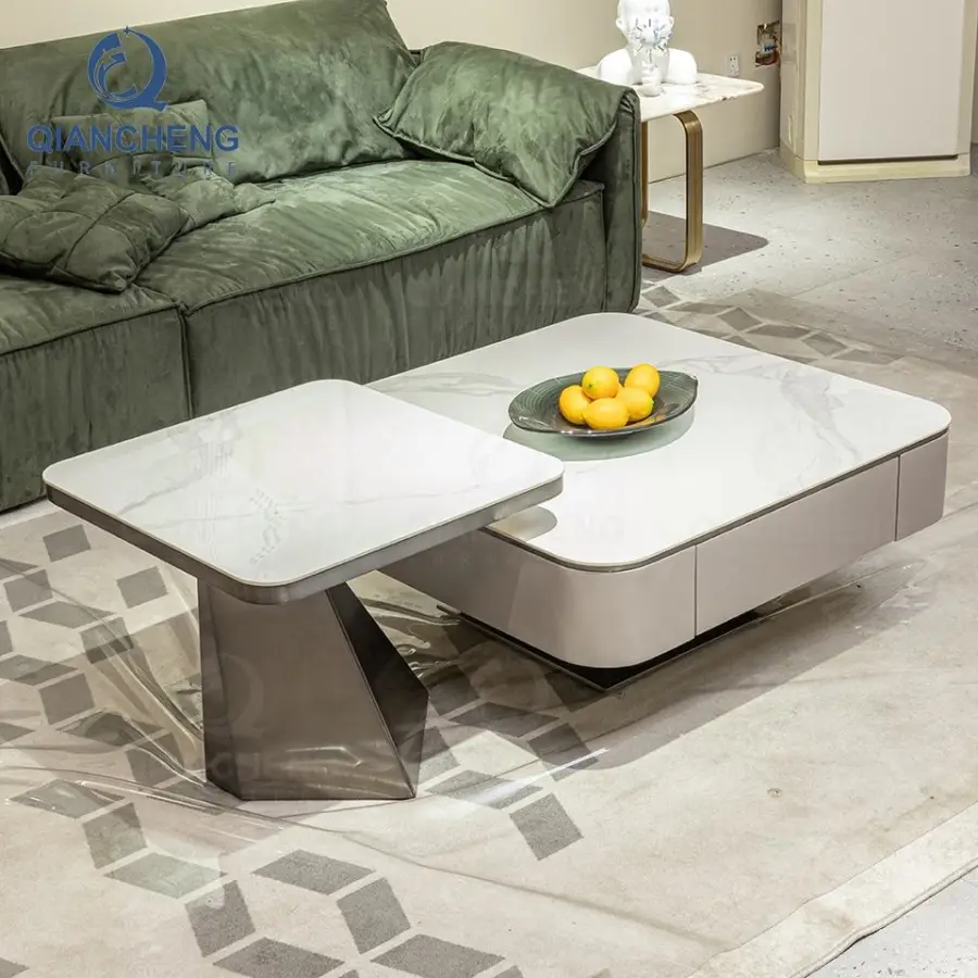 QIANCHENG China Manufacturer Tea Center Tables Set Stainless Steel Brass Wooden Mirror Furniture Coffee Table with Drawe — view 1