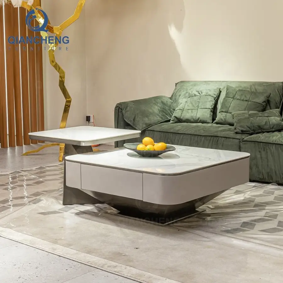 QIANCHENG China Manufacturer Tea Center Tables Set Stainless Steel Brass Wooden Mirror Furniture Coffee Table with Drawers — image 3