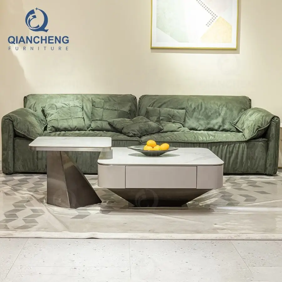 QIANCHENG China Manufacturer Tea Center Tables Set Stainless Steel Brass Wooden Mirror Furniture Coffee Table with Drawers — image 4
