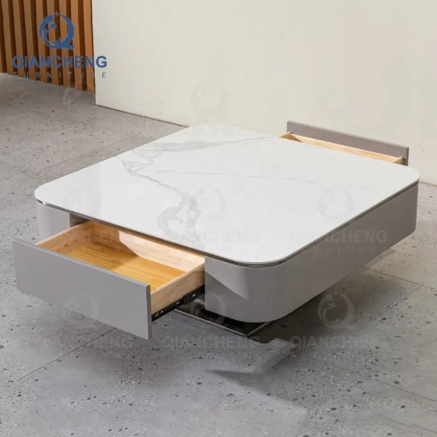 QIANCHENG China Manufacturer Tea Center Tables Set Stainless Steel Brass Wooden Mirror Furniture Coffee Table with Drawers — image 5