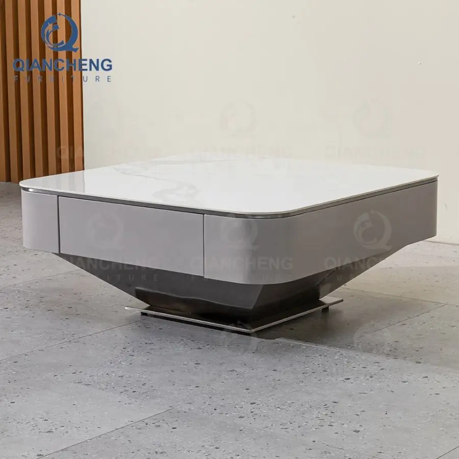 QIANCHENG China Manufacturer Tea Center Tables Set Stainless Steel Brass Wooden Mirror Furniture Coffee Table with Drawers — image 6