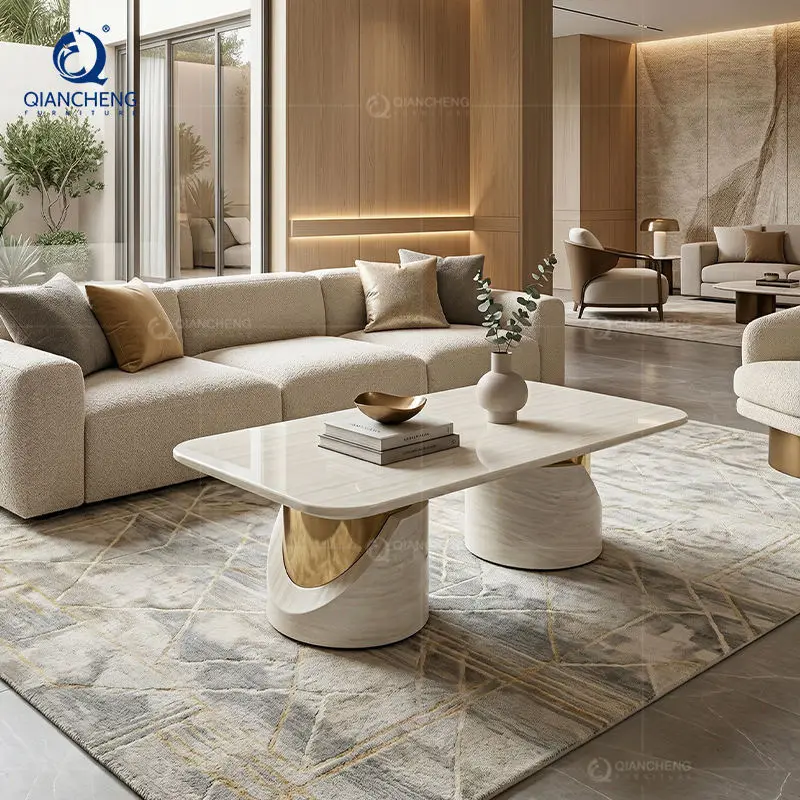 SS Furniture Modern Marble Coffee Table Gold Inlay Sculptural White Center Table Factory Wholesale Italian Minimalist Fu — view 5