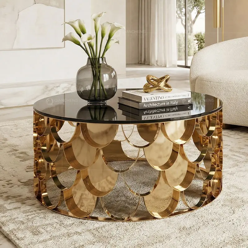 Italian Contemporary Living Room Round Coffee Table Luxury Hotel Furniture Black Glass Metal Stainless Steel Coffee Tabl — view 1