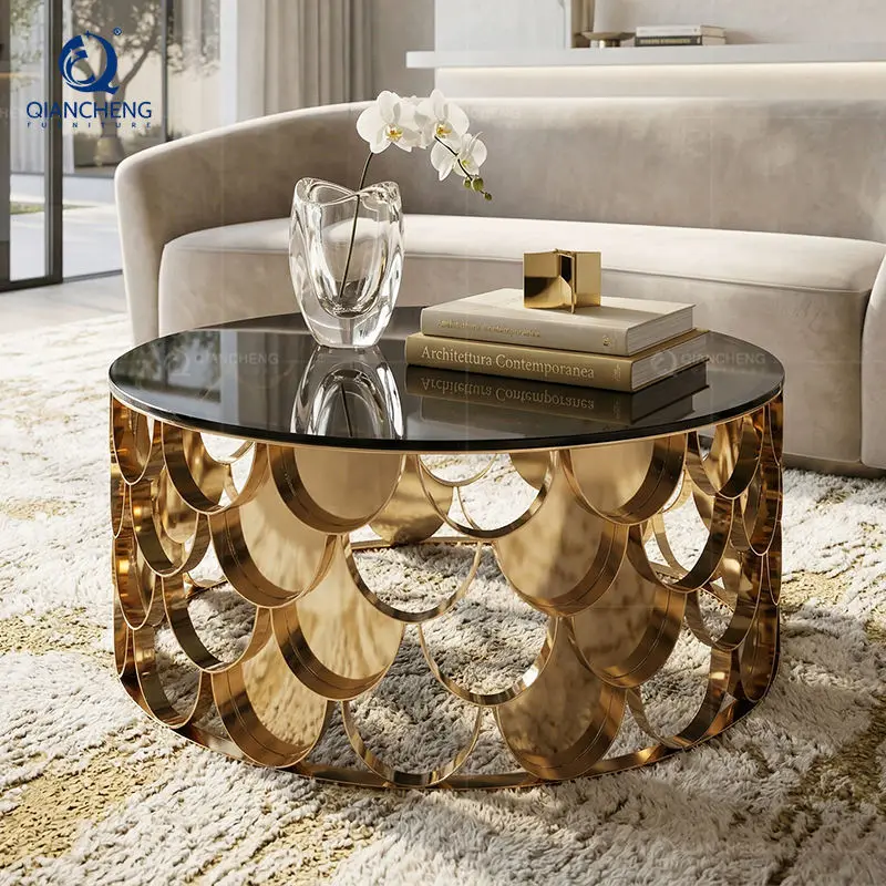 Italian Contemporary Living Room Round Coffee Table Luxury Hotel Furniture Black Glass Metal Stainless Steel Coffee Tabl — view 2