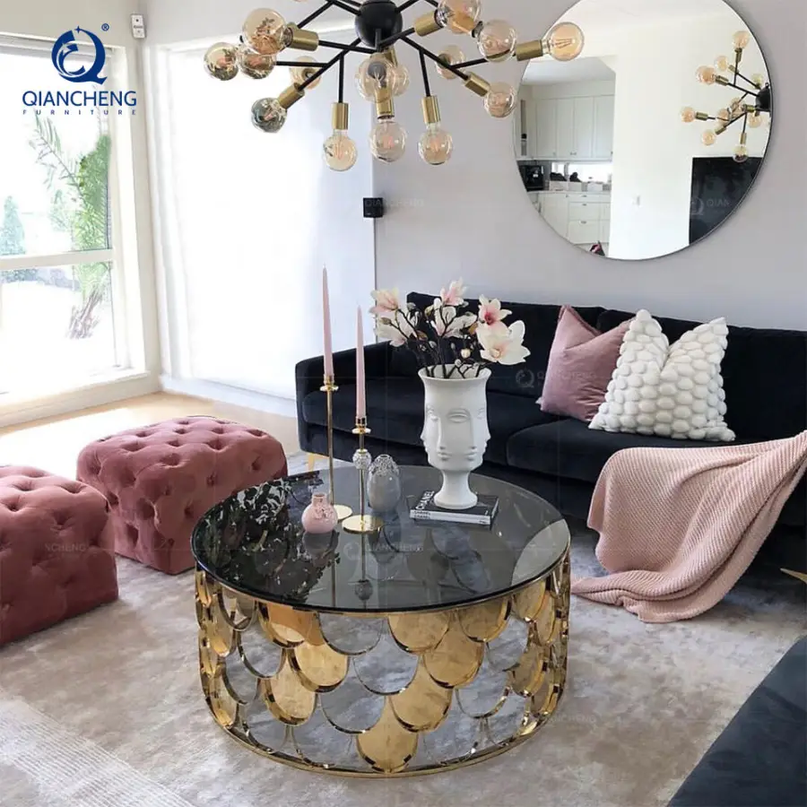 Italian Contemporary Living Room Round Coffee Table Luxury Hotel Furniture Black Glass Metal Stainless Steel Coffee Tabl — view 3