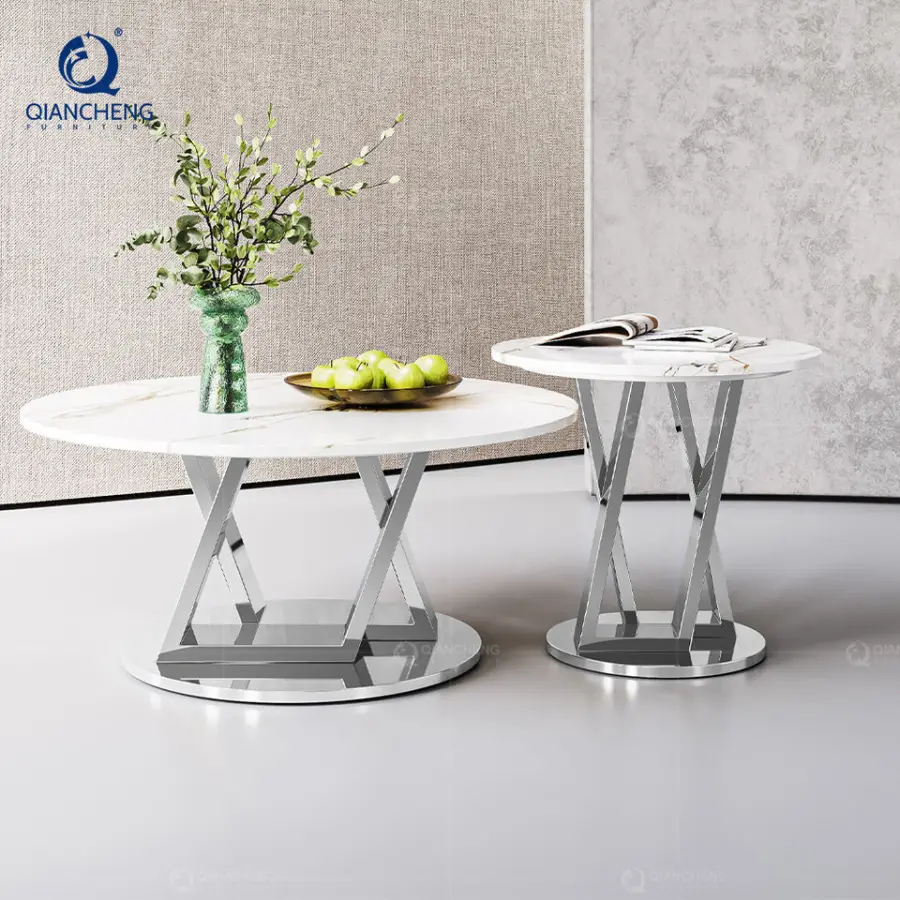 QIANCHENG Luxury Living Room Wholesale Furniture Big Tea Tables Brass Stainless Steel Round Coffee Table Set — image 3