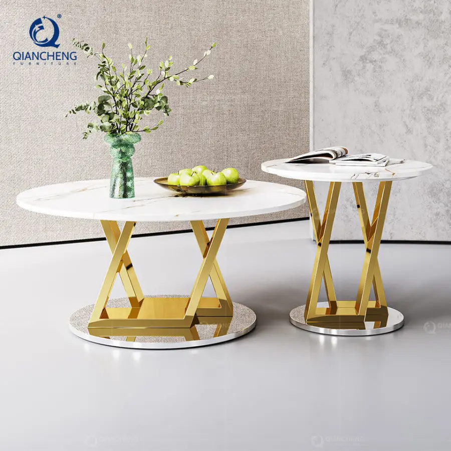 QIANCHENG Luxury Living Room Wholesale Furniture Big Tea Tables Brass Stainless Steel Round Coffee Table Set — image 4