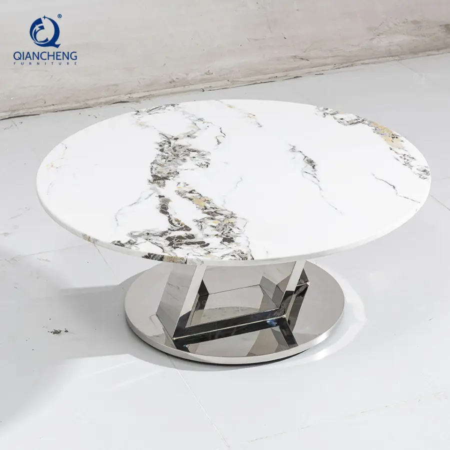 QIANCHENG Luxury Living Room Wholesale Furniture Big Tea Tables Brass Stainless Steel Round Coffee Table Set — image 5