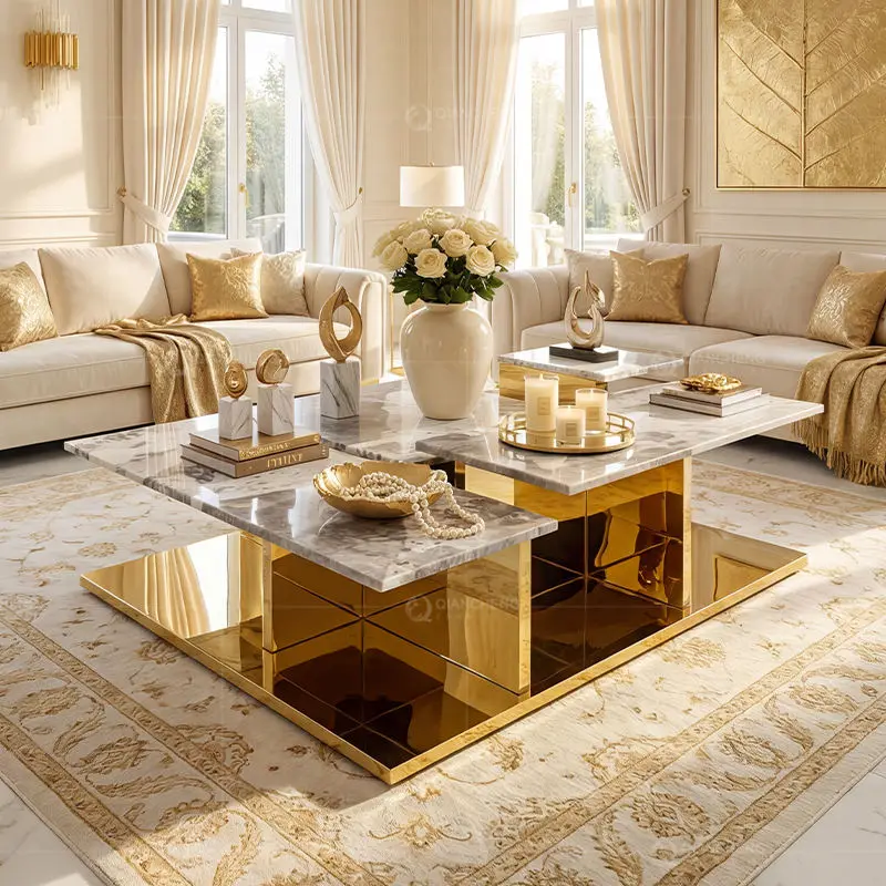Ethiopian Cheap Elegant Night Tables Luxury Steel 2 Piece Marble Coffee Table Set — image 4