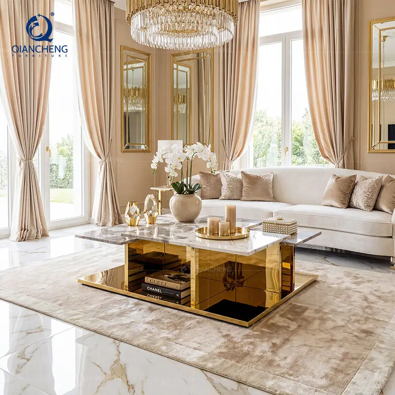 Ethiopian Cheap Elegant Night Tables Luxury Steel 2 Piece Marble Coffee Table Set — image 6