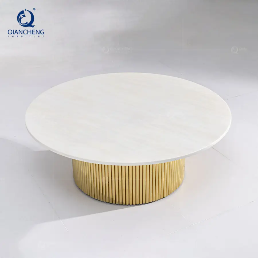 Modern High Gloss Mdf Center Coffee Table Design Wholesale Furniture Distributor Large Round White and Gold Coffee Table — image 3
