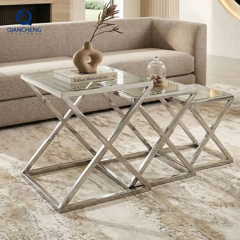 QIANCHENG China Ss Furniture Manufacturer Living Room Centre Gold Coffee Table Table Luxury Glass Side Nesting Tables — view 1