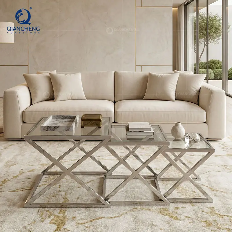 QIANCHENG China Ss Furniture Manufacturer Living Room Centre Gold Coffee Table Table Luxury Glass Side Nesting Tables — image 3