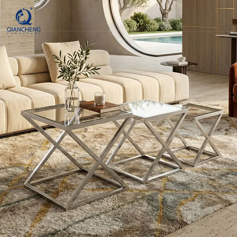 QIANCHENG China Ss Furniture Manufacturer Living Room Centre Gold Coffee Table Table Luxury Glass Side Nesting Tables — image 4