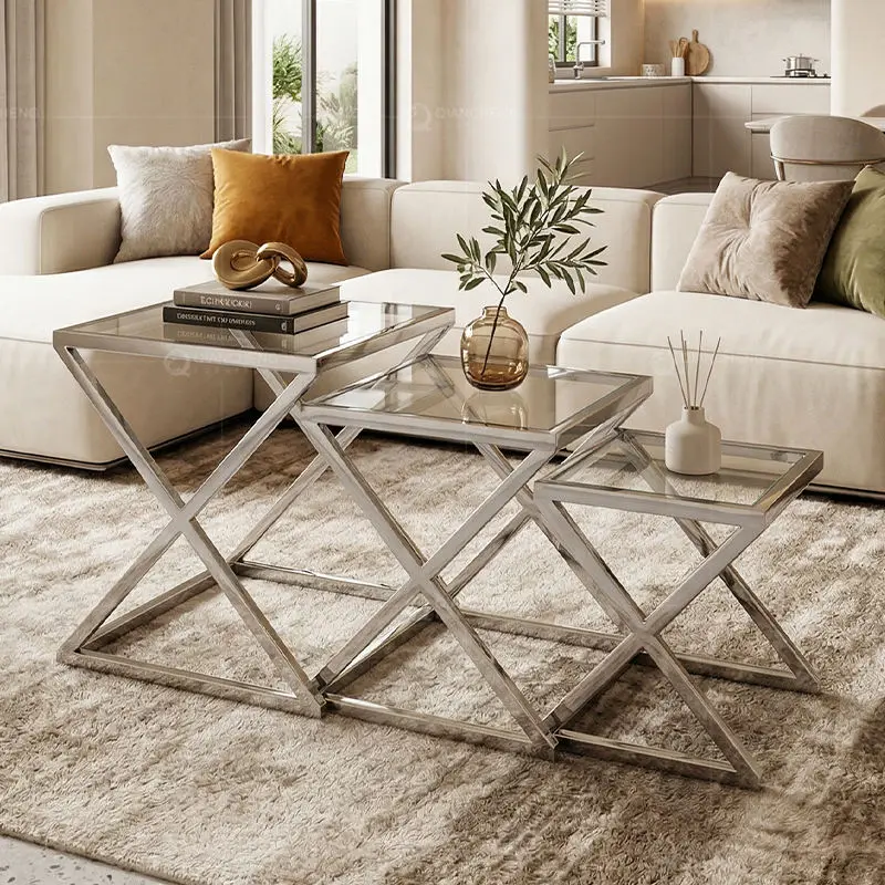 QIANCHENG China Ss Furniture Manufacturer Living Room Centre Gold Coffee Table Table Luxury Glass Side Nesting Tables — image 5