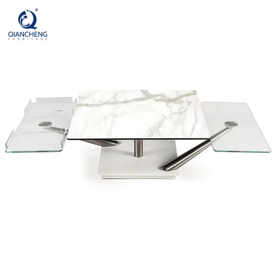 Wholesale Modern Style Stainless Steel Legs Swivel Coffee Table with Motional Ceramic Rock Plate Glass Top Rotary Center — view 1